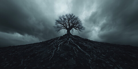 A dark, moody, and cinematic landscape features a solitary leafless tree on the left, atop a rugged black hill with exposed, twisted roots gripping rocky terrain.