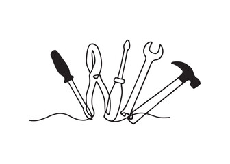 Set of tools line art drawing. Continuous line art, Outline line art tower crane. Vector illustration. Editable modern stroke.