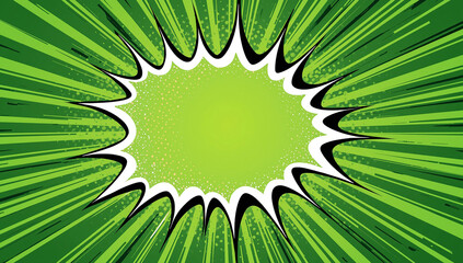 Comic book explosion frame green background, pop art retro style radial burst with halftone dots, abstract blank template for text, cartoon action design, dynamic starburst backdrop illustration