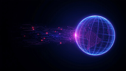 Futuristic glowing digital earth globe with neon circuits and data network connections, abstract global technology background with cyber world map and innovation concept in dark space