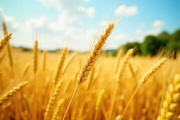 Fototapeta premium Golden wheat stalks sway gently in a summer field, bathed in the warm sunlight A classic image of rural serenity and agricultural abundance , countryside, ripe wheat, organic
