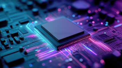 Futuristic glowing computer motherboard and AI microchip with purple, cyan, and green circuits for innovation and business growth  
