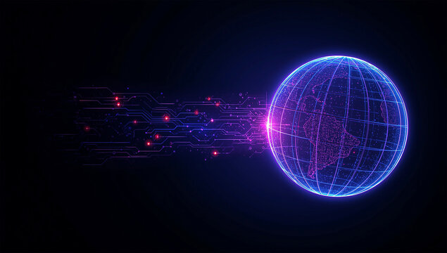 Futuristic glowing digital earth globe with neon circuits and data network connections, abstract global technology background with cyber world map and innovation concept in dark space