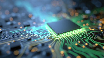 Futuristic glowing computer motherboard and AI microchip with purple, cyan, and green circuits for innovation and business growth  
