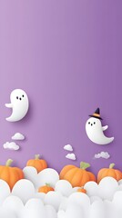 A whimsical Halloween scene featuring playful ghosts, pumpkins, and clouds against a vibrant purple background.