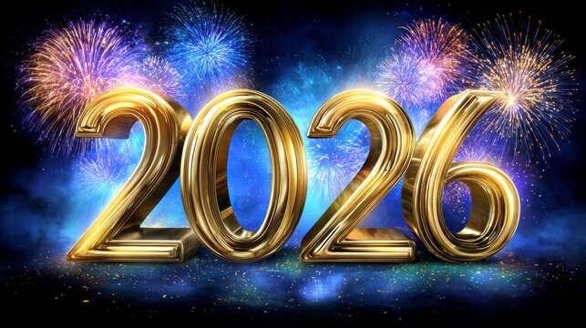 The year twenty twenty six is written in gold letters on a blue background with - Powered by Adobe