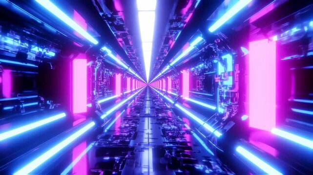 Futuristic Tunnel with Glowing Neon Lights, Abstract Techno Corridor Motion Background