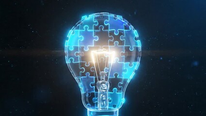 Puzzle pieces forming a glowing light bulb, symbolizing an idea