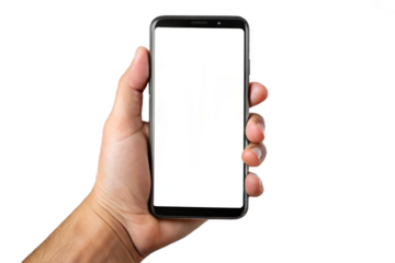 Hand holding modern smartphone with blank white screen for your content transparent background