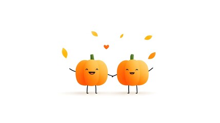 Obraz premium Two cute, cartoon pumpkins smiling and holding hands, surrounded by falling leaves and hearts, conveying a joyful, autumn vibe.