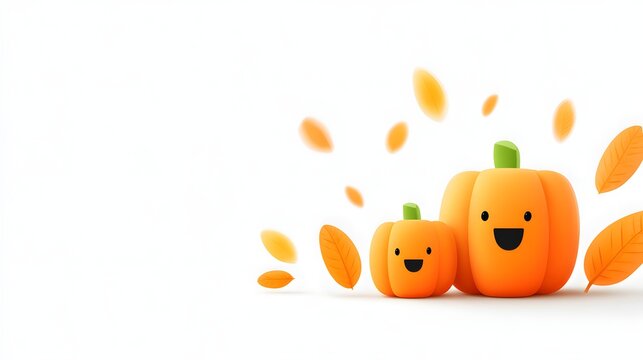 Two cheerful, cartoonish pumpkins with smiling faces on a white background, surrounded by autumn leaves. - Powered by Adobe