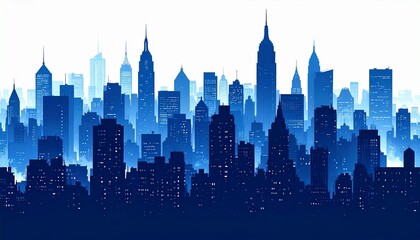 Obraz premium Flat design illustration of a blue and white city skyline silhouette, featuring tall skyscrapers and modern buildings, representing urban life and cityscape themes with a clean, minimalist style