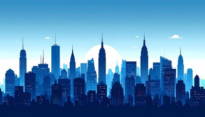 Obraz premium Flat design illustration of a blue and white city skyline silhouette, featuring tall skyscrapers and modern buildings, representing urban life and cityscape themes with a clean, minimalist style