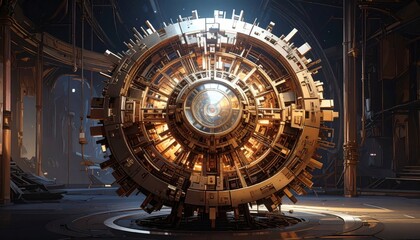 Obraz premium A large, intricate, brass-colored machine, set within a vast, futuristic interior, radiates a captivating aura of advanced technology.
