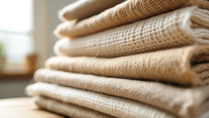Stack of natural beige linen fabrics with visible textures, neatly folded and placed on a wooden table near a window, with soft daylight creating a warm and cozy feeling