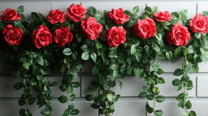 Red roses and ivy vine on a gray brick wall