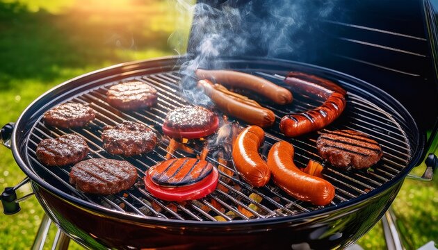 a barbecue grill with sizzling burgers and hot dogs for a memorial day cookout - Powered by Adobe