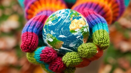 Colorful knit gloves embracing a small earth globe symbolizing global unity and environmental care