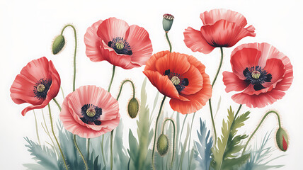 Obraz premium Watercolor painting of red poppy flowers isolated on white background, a vibrant floral arrangement for design