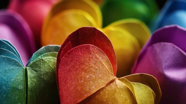 A group of colorful paper hearts stacked together in a tight cluster