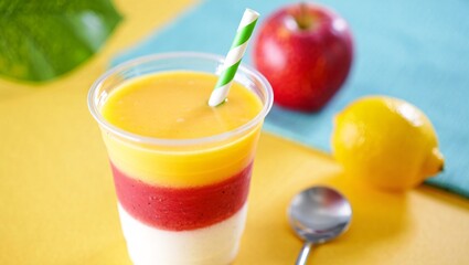Fototapeta premium Layered Fruit Smoothie in Plastic Cup: Vibrant Yellow, Red, White; Summer Refreshment
