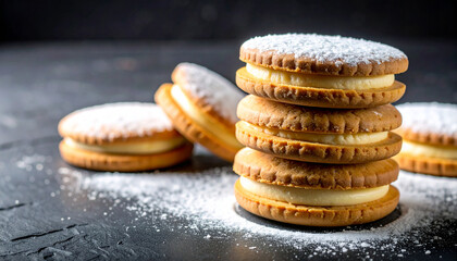 Stacked cream-filled cookies dusted with powdered sugar. Tasty snack. Delicious sweet food.