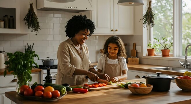 Diverse family chopping fresh vegetables for homemade seasonal dinner