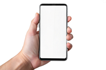 Hand holding modern smartphone with blank screen ready for content or mockup transparent background