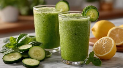 Fresh Green Smoothie with Cucumber and Lemon Garnish.