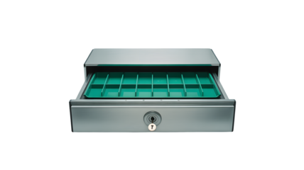 Secure cash drawer with key lock and organized compartments, perfect for retail transactions.