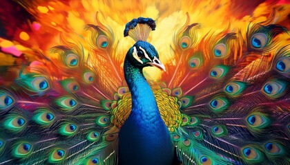 Obraz premium a majestic peacock with its feathers unfurled displaying a kaleidoscope of colors beautiful bird ideal for beauty and nature generative ai