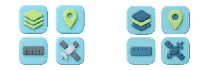 Collection of modern user interface icons for mapping and navigation applications featuring symbols for layers, location, satellite, and measurement