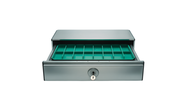 Secure cash drawer with key lock and organized compartments, perfect for retail transactions.
