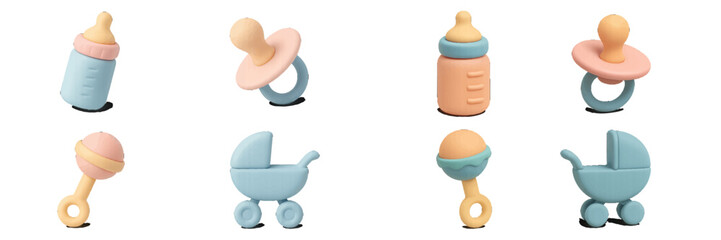 3D baby care icon set with feeding bottle, pacifier, rattle, and stroller for newborn and infant accessories isolated on white background