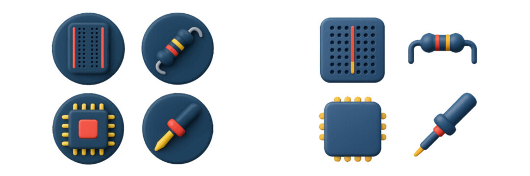 Collection of 3D style electronic component icons featuring a breadboard, resistor, CPU microchip, and a precision screwdriver