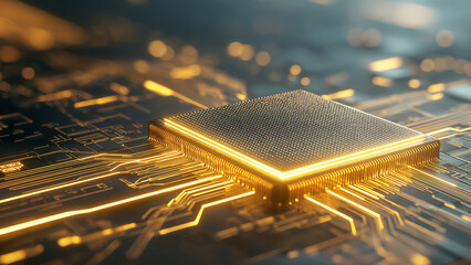 Futuristic glowing computer motherboard and AI microchip with purple, cyan, and green circuits for innovation and business growth  
