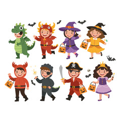 Delightful Halloween characters in costume parade, children dressed as dragons, pirates, witches, princess for trick or treat fun, celebrating spooky season