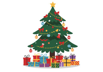 Naklejka premium Festive Christmas tree adorned with ornaments and stockings stands proudly above a collection of vibrant presents, radiating holiday cheer and joy