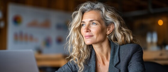 Mature Woman with Curly Hair Looking Away Business Setting.