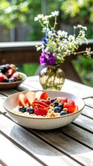 Fresh fruit and cereal bowl outdoors