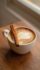 Warm Latte with Cinnamon Sticks, Heart Design, Wooden Table, Cozy Autumn Vibe