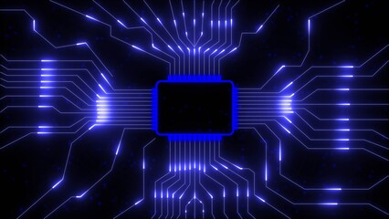 Glowing blue circuit board pathways radiating from a central black processor chip on a dark background
