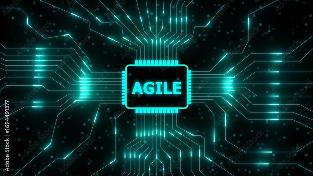 Wall mural glowing cyan circuit board lines and a central processor chip displaying the word a g i l e on a dar