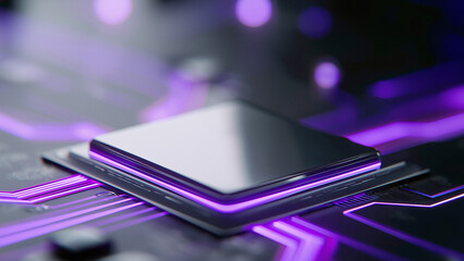 Futuristic glowing computer motherboard and AI microchip with purple, cyan, and green circuits for innovation and business growth  
