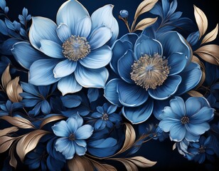 Fototapeta premium a serene floral wallpaper design featuring realistic blue flowers in various shades on a luxurious dark canvas