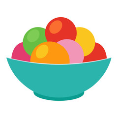 Colorful round candies in a bowl candy sweets vector on white background.