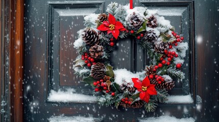 Snowy holiday wreath on door