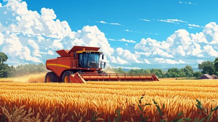 Naklejka premium A combine harvester reaps wheat in a golden field under a bright summer sky — for articles about agriculture and harvest.