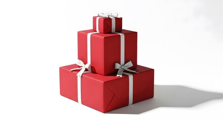 Fototapeta premium A festive stack of red gifts, elegantly wrapped with white ribbons and bows, casts a gentle shadow on a bright white background. A perfect image for holiday celebrations.