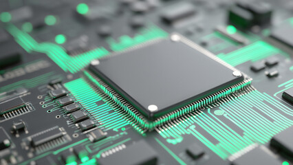 Futuristic glowing computer motherboard and AI microchip with purple, cyan, and green circuits for innovation and business growth  
